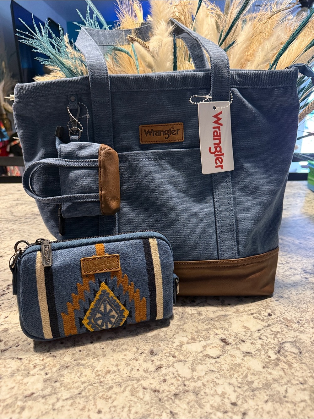 Wrangler Blue Canvas Tote with Brown Trim and Matching Patterned Pouch